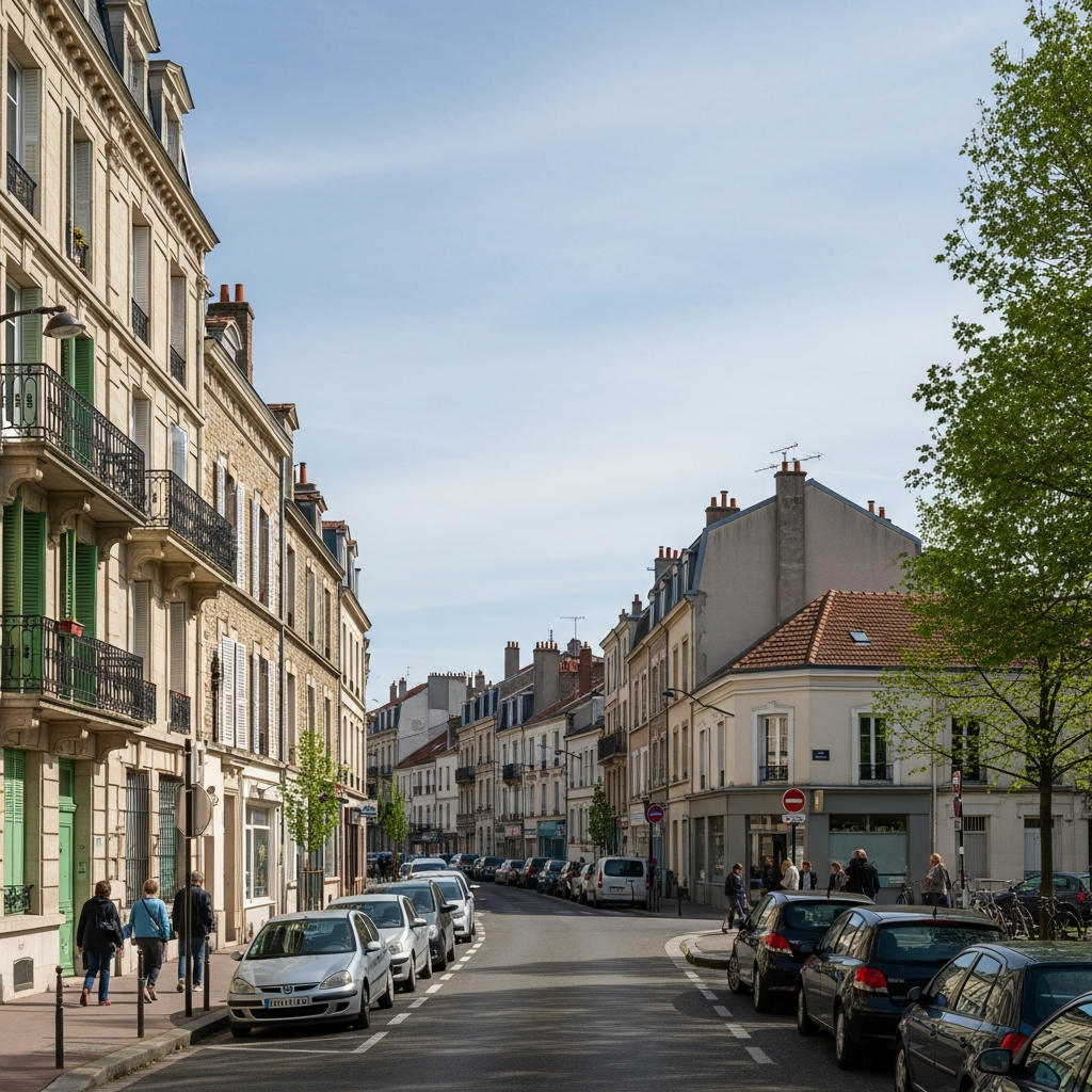 Vue de la rue Franklin à Montreuil avec une ambiance de quartier conviviale