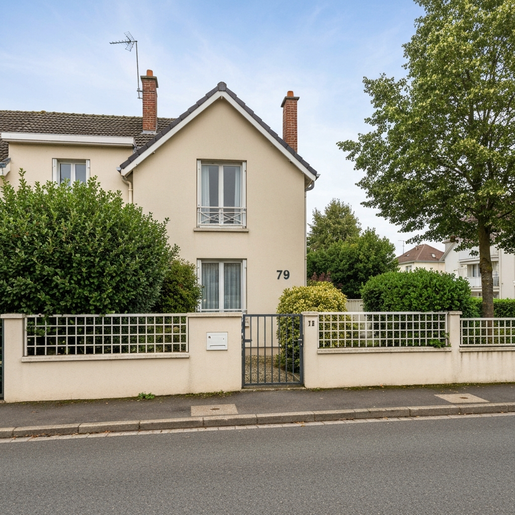 Vue d'une maison ancienne à Montreuil avec une pancarte de vente