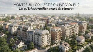 Illustration conceptuelle du parc de logements à Montreuil, majorité d'immeubles collectifs et quelques maisons.