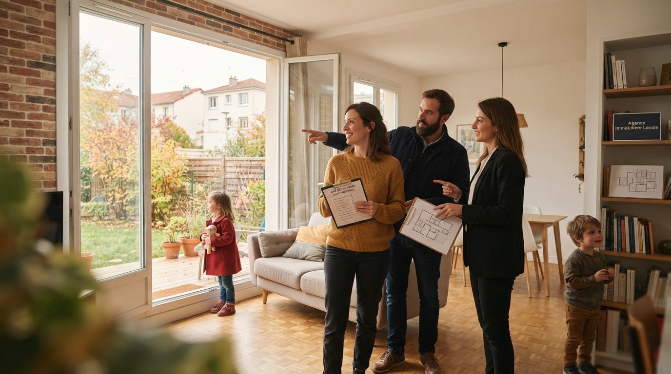 Famille examinant une maison à Haut-Montreuil avec checklist et vue sur jardin
