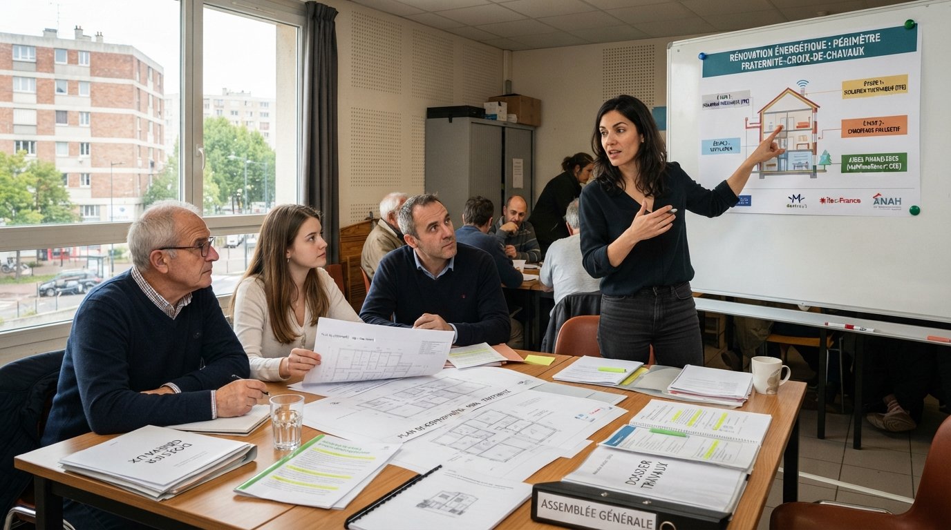 Réunion de copropriétaires autour de plans et documents de travaux, avec un conseiller expliquant un projet de rénovation.