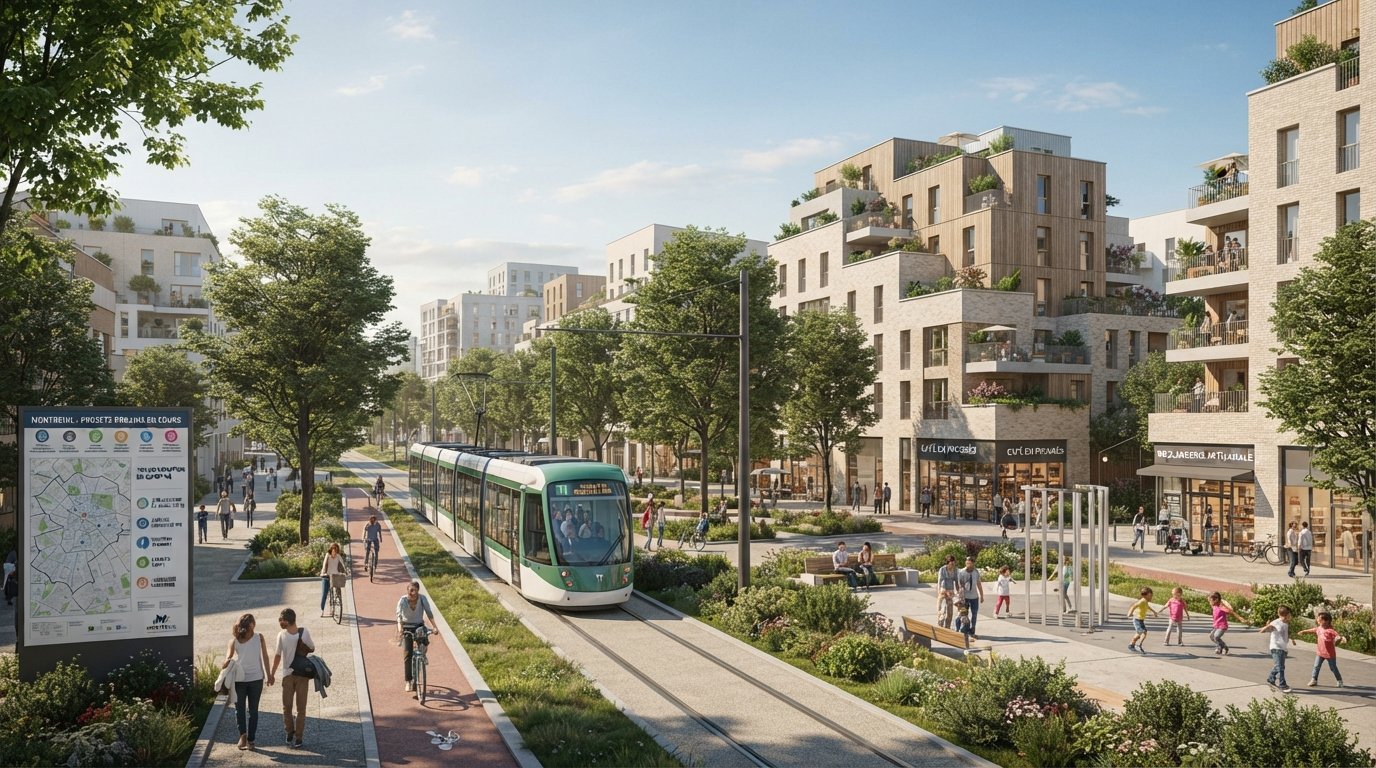 Quartier urbain de Montreuil avec tramway, espaces verts et nouveaux équipements publics