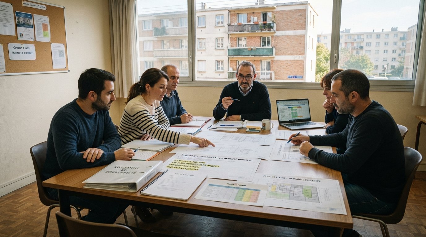 Copropriétaires examinant des plans et documents dans un immeuble collectif, symbolisant l’entretien à Montreuil.